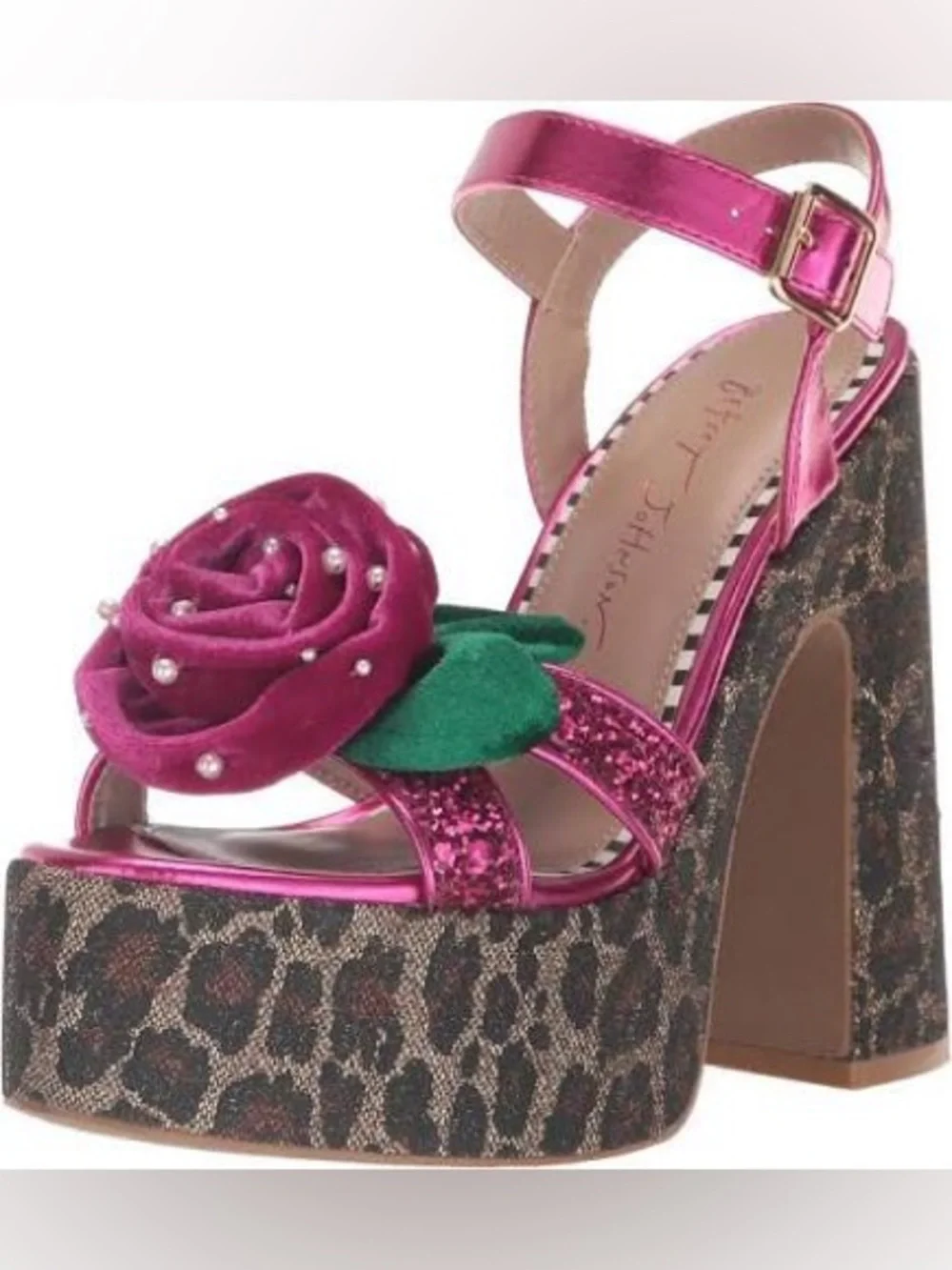 Betsey Johnson Metallic Fuchsia Platform Sandals with Rose Accent